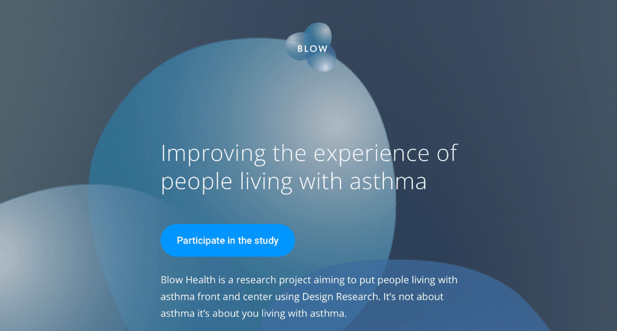 Blow study recruitment website, the homepage of blow.health in May 2022: Improving the experience of people living with asthma, with a Participate in the study button