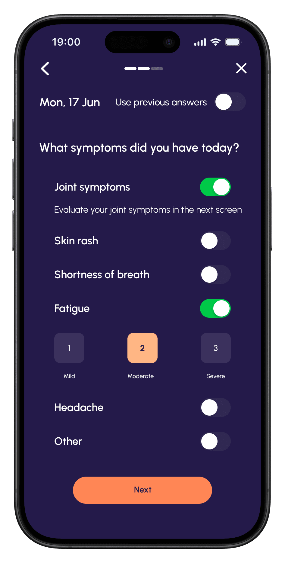Daily check-in: which symptoms did you have today, with severity