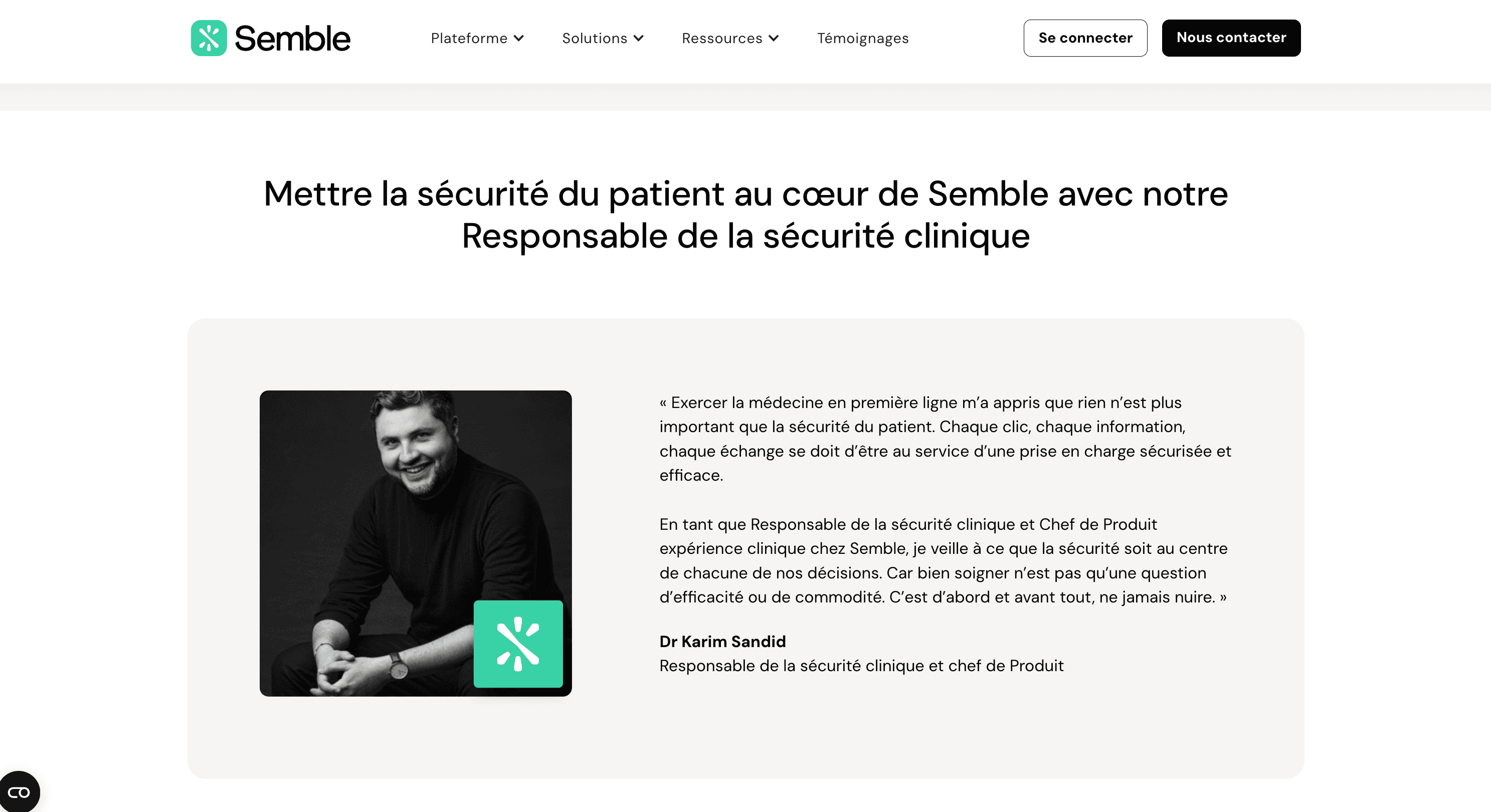 Semble's French product page: Mettre la sécurité du patient au cœur de Semble avec notre Responsable de la sécurité clinique