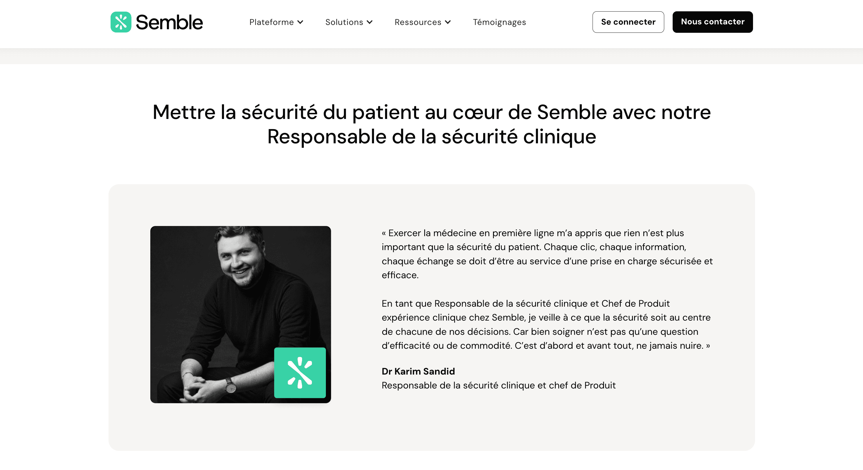 Semble’s French product page: Mettre la sécurité du patient au cœur de Semble avec notre Responsable de la sécurité clinique